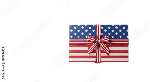 Gift box wrapped in american flag design with red bow on white isolated on transparent background