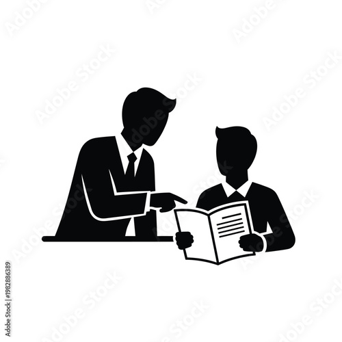 Teacher instructing student with book illustration.