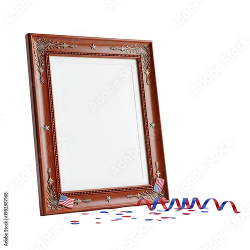 Ornate wooden picture frame with patriotic decorations and confetti on transparent background
