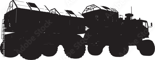 Military truck, missile launcher, vehicle silhouette, black icon, transport equipment