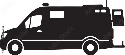 Black camper van, motorhome silhouette, RV icon, vehicle graphic