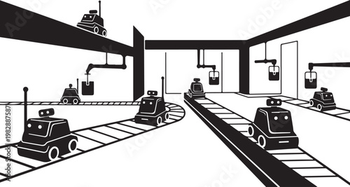 Industrial robots, factory automation, black and white vector, robotic arms, manufacturing line