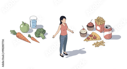 Isometric Healthy Food Selection Low Calorie Diet Concept