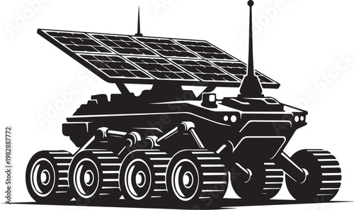 Solar powered tank, futuristic vehicle, black illustration, eco friendly machine, alternative energy