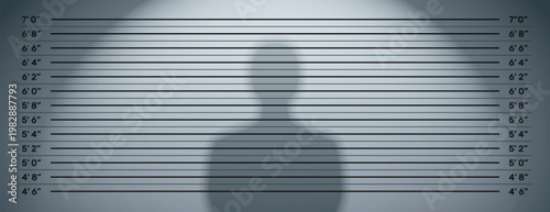 Mugshot lineup dark background with height chart or police measurement wall. Criminal identification backdrop for arrest, suspect portrait, investigation. Shadow silhouette of prisoner with copy space