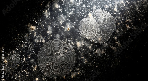 Abstract circular patterns on dark surface with texture and highlights