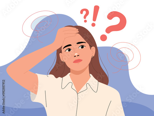 A confused woman with her hand on her forehead looking puzzled and unsure