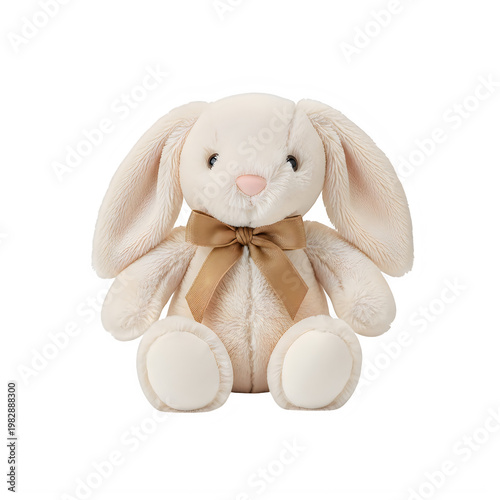 Adorable plush bunny toy with a cute bow sitting upright isolated on white background