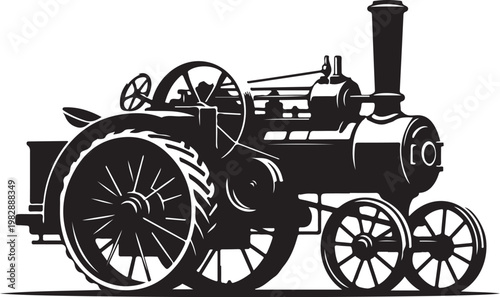 Vintage tractor, antique steam engine, black silhouette, industrial machine, vector illustration