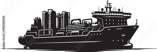 Cargo Ship, Industrial Vessel, Black Vector Illustration, Nautical Icon, Shipping Transport