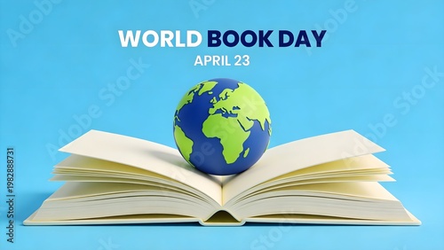 Open book with a floating globe illustration celebrating world book day and reading awareness on this bright blue background