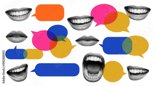 Collage of diverse lips and mouths in various expressions interspersed with vibrant overlapping speech bubbles representing communication and dialogue speaking talking conversation