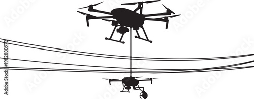Drone, quadcopter, aerial vehicle, flying machine, black silhouette, wireframe illustration, 2D vector graphics