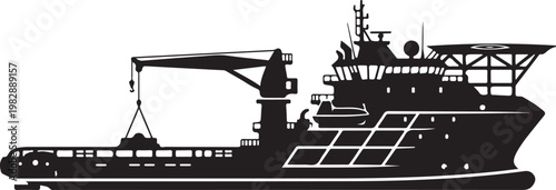 Black silhouette cargo ship, industrial vessel, marine transport, vector illustration