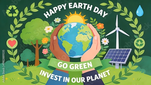 Diverse human hands gently hold a glowing earth illustration to celebrate environmental awareness during a special global earth day event