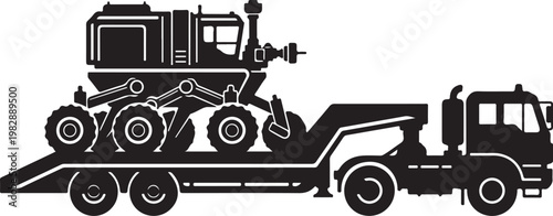 Black, industrial tractor trailer transport, heavy equipment hauling, flatbed truck vector