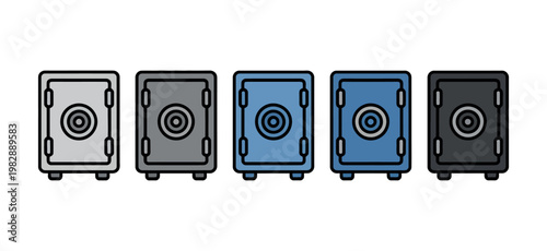A row of colorful safe boxes on a white background for security and finance concepts