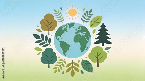 Stylized illustration showcasing global environmental protection with a vibrant arrangement of trees, leaves, and a bright sun encircling planet Earth.