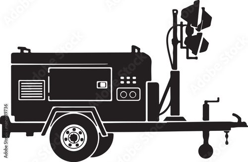 Mobile light tower, trailer mounted, black silhouette, construction equipment, generator