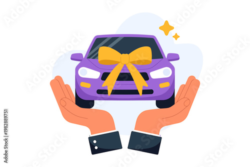 Purple car with yellow gift bow held by two hands