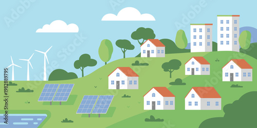 Ecofriendly neighborhood with renewable energy sources and green landscape