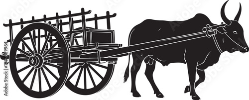 Black ox, ox cart, farm vehicle, agricultural icon, vector illustration