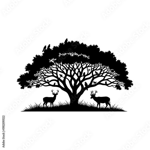 Silhouette of a majestic tree with deer and birds, evoking a serene natural landscape and the harmony of wildlife within its branches and surroundings
