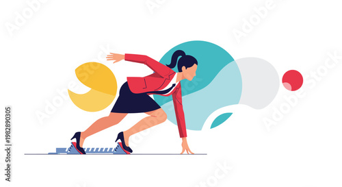 Determined businesswoman in a red blazer and black skirt starting a race from a block on a colorful abstract background.
