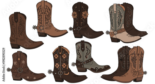 Set of eight unique cowboy boots with various colors and intricate western-style patterns and spurs on a white background.