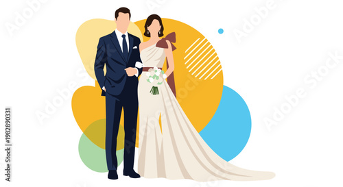 Elegant wedding couple with the groom in a navy suit and the bride in a long white dress with a brown bow and flowers.