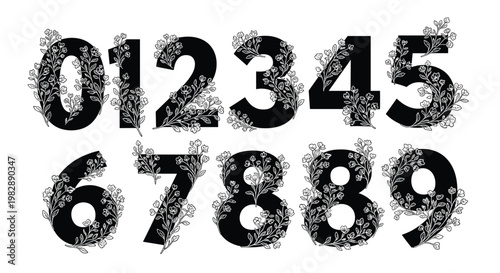 Set of numbers from zero to nine rendered in bold black with delicate white flower and leaf decorations around them.
