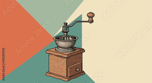 Vintage style illustration of a manual wooden coffee grinder with a metal handle against a geometric multi-colored background.
