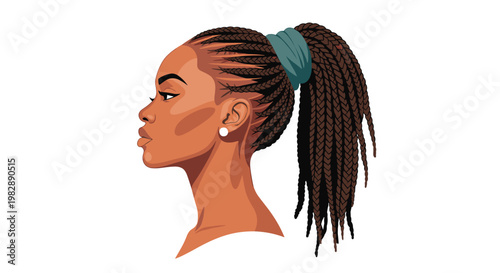 Profile view of a beautiful black woman with her hair in a high braided ponytail secured with a teal headwrap.