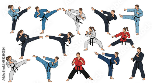 Large collection of diverse martial arts practitioners in various karate and judo poses wearing different colored uniforms.