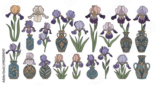 Extensive collection of iris flower illustrations including single stalks and blossoms arranged in various patterned vases.