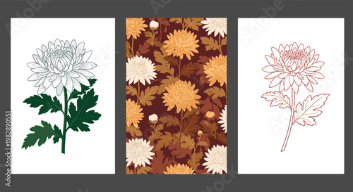 Triptych showing chrysanthemum flowers in three distinct artistic styles including botanical illustration a pattern and line art.