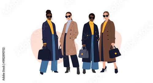 Group of four stylish women wear long autumn coats in brown and navy while holding matching leather handbags in a fashion scene.