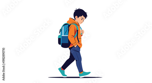 Illustration of a young schoolboy with a blue backpack walks with a sad expression and lowered head on a white background.