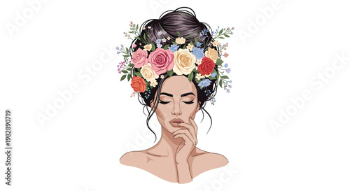 Beautiful portrait of a woman with her hair styled in a large bun adorned with a lush crown of colorful roses and flowers.