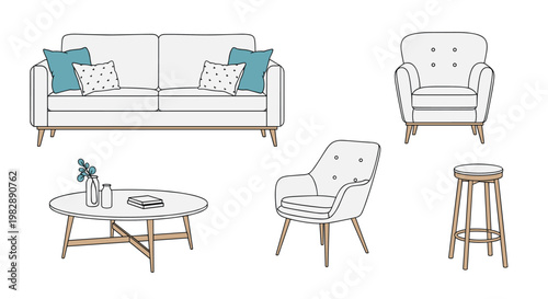 Modern furniture set including a sofa with pillows armchairs a round coffee table and a high wooden stool in thin line style.