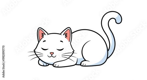 Adorable white cartoon cat sleeping peacefully with its eyes closed and tail curled up on a plain white background.