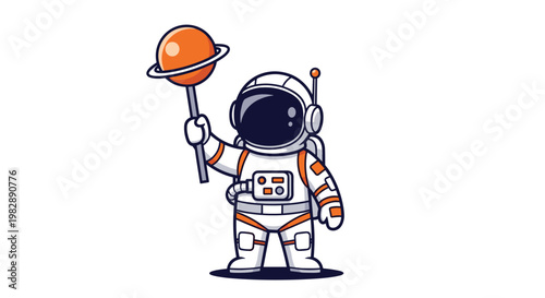 Cute cartoon astronaut holding a large orange planet on a stick like a sweet delicious lollipop on a white background.