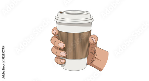 Human hand holding a white disposable coffee cup with a brown paper protective sleeve in a sketchy hand drawn style.