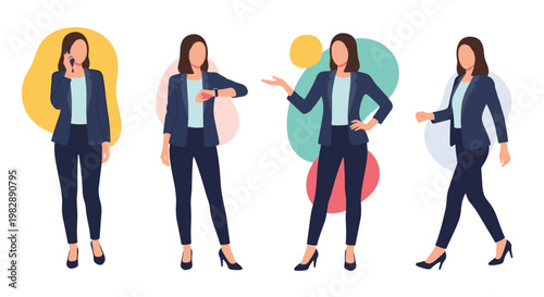 Professional businesswoman in a navy suit shown in four different poses including walking presenting and checking the time.