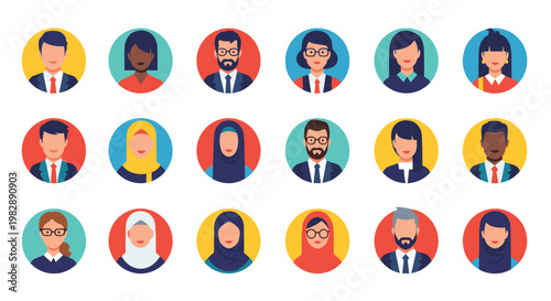 Set of eighteen diverse human avatar icons featuring men and women of different ethnicities and religious backgrounds.