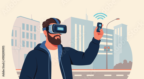 Bearded man wearing a VR headset and holding a controller while standing in a stylized city street environment.