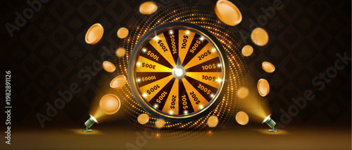 Casino wheel and flying golden coins in light of spotlights on black background. Vector realistic illustration of online gambling banner design, fortune roulette spins game, winner prize money in air