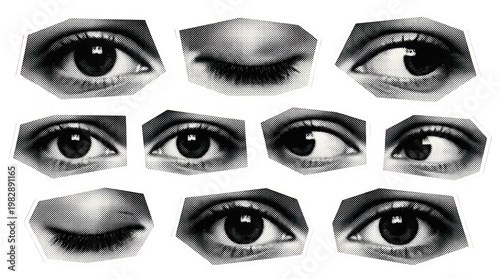 Collage of multiple human eyes in varying poses rendered in a stark black and white halftone dot pattern creating an abstract and graphic visual dots portrait detail emotion