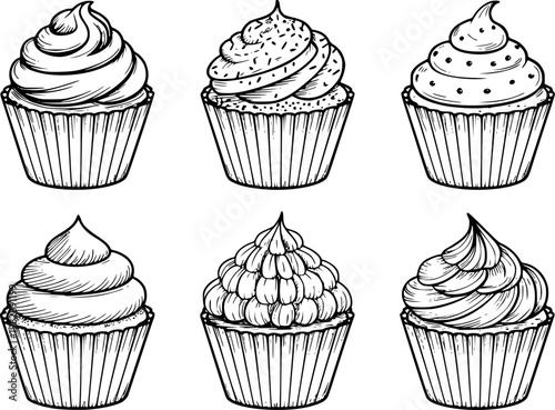 Hand-drawn black and white cupcakes with swirled frosting and sprinkles white background
