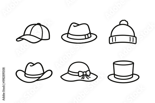 Minimalist hat icon set in clean outline vector style featuring various headwear designs